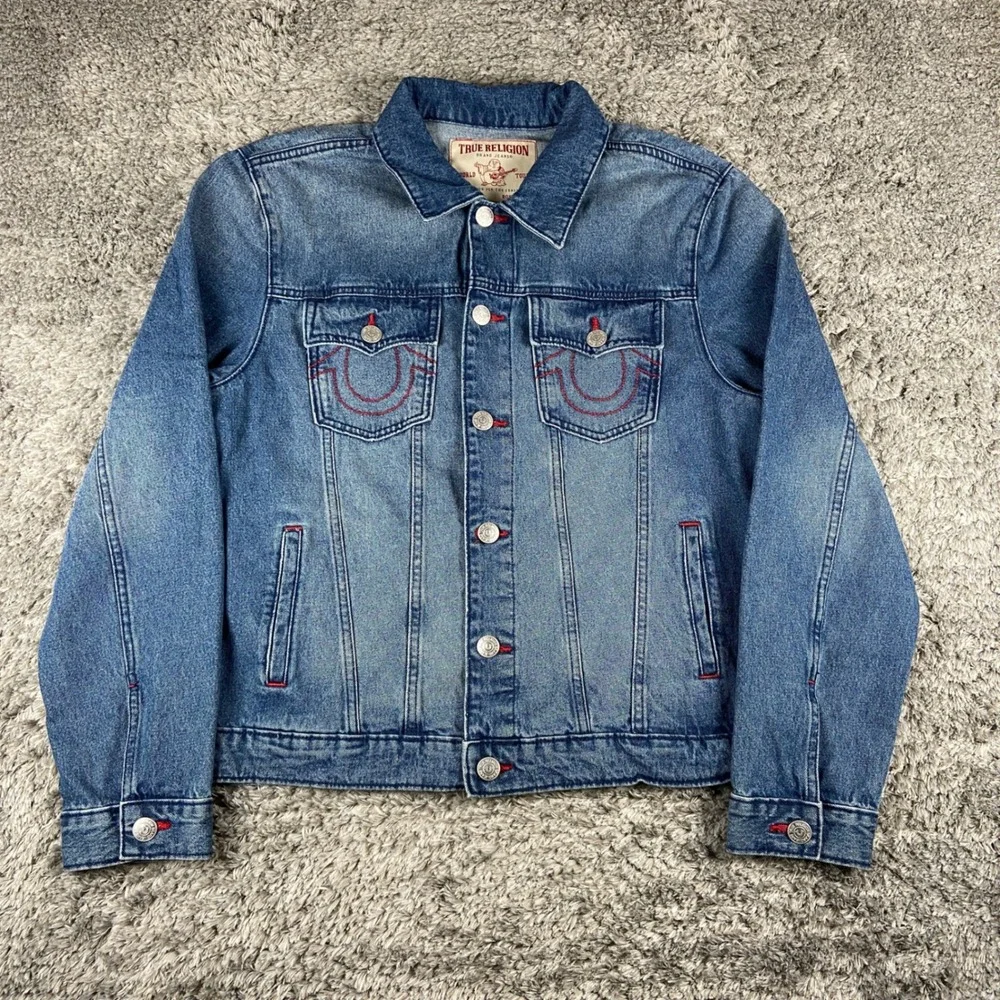 True Religion Print Single Needle Denim Jacket Men L Blue Quartz Wash Jean New